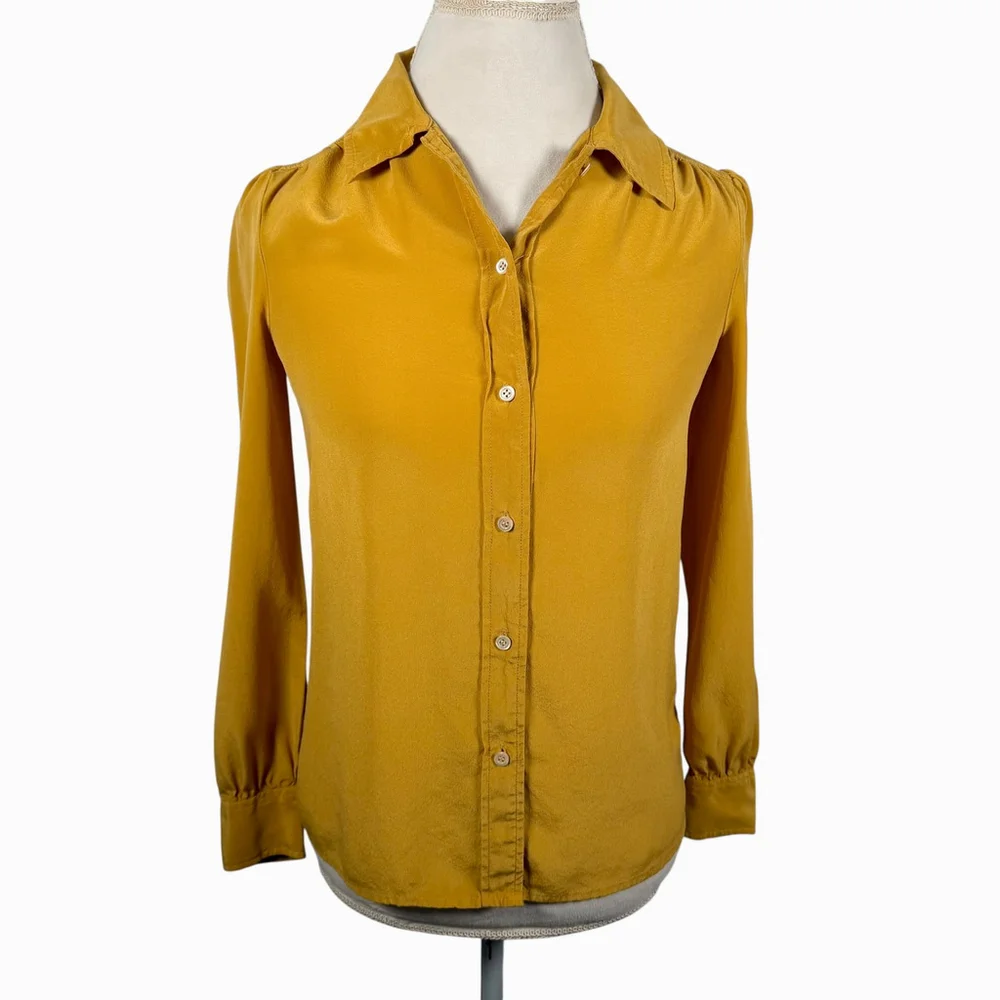 J. Crew Silk Button-Up Blouse Yellow Marigold Long Sleeve Shirt Classic Size 2